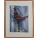 A framed watercolour entitled 'Fighting Cock' signed Michael Burnett