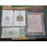 A box containing Journal of Forestry pamphlets together with a sampler and other items