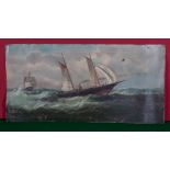 An unframed oil on canvas depicting sailing ships, signed