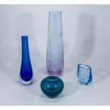 Four pieces of blue art glass