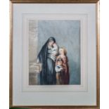 A framed watercolour depicting a Mother with baby in arms and two other children