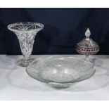 A glass dish, vase and lidded bowl