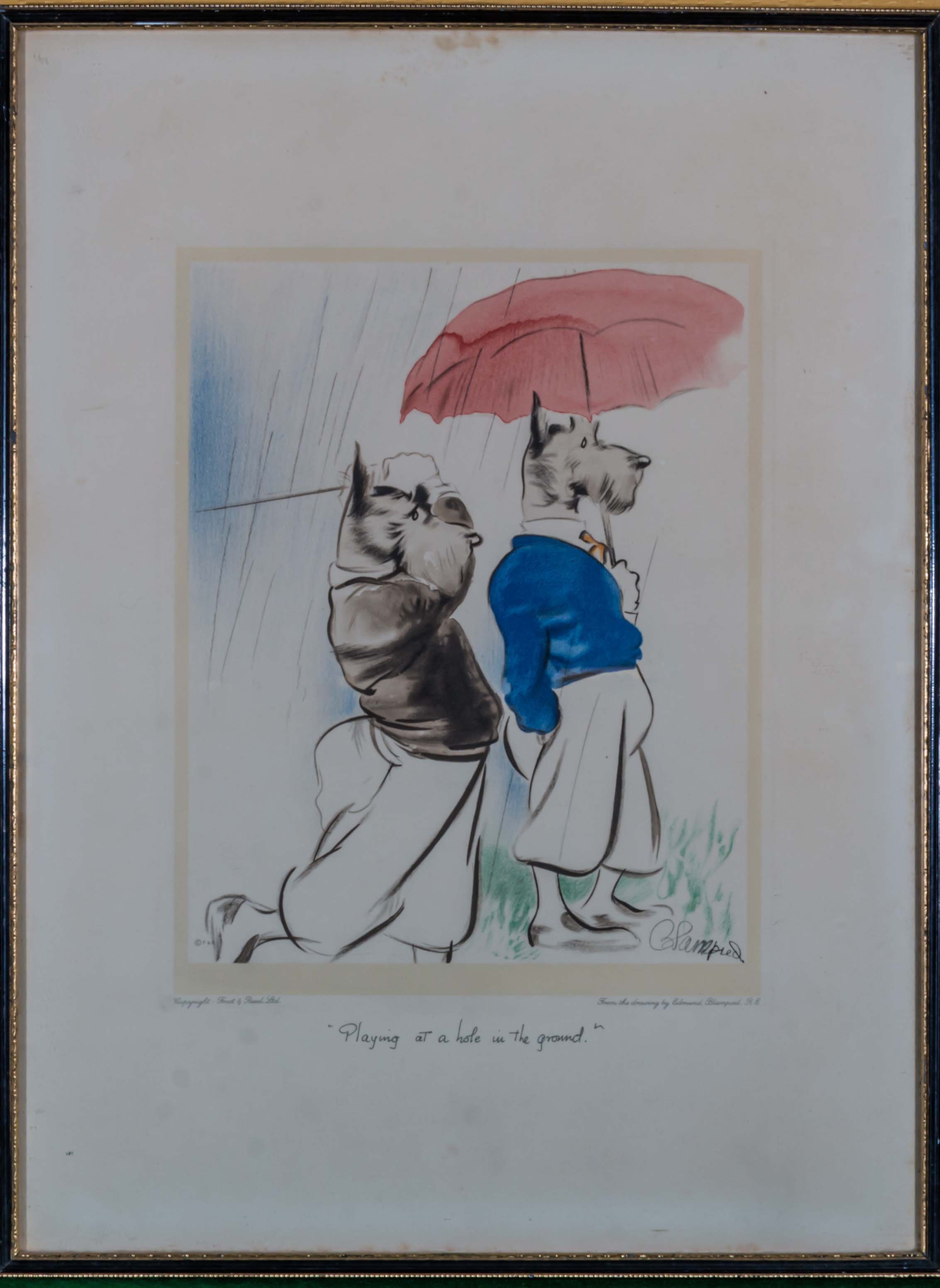 A framed print from the original drawing by Edmund Blampied 'Playing at a Hole in the Ground'