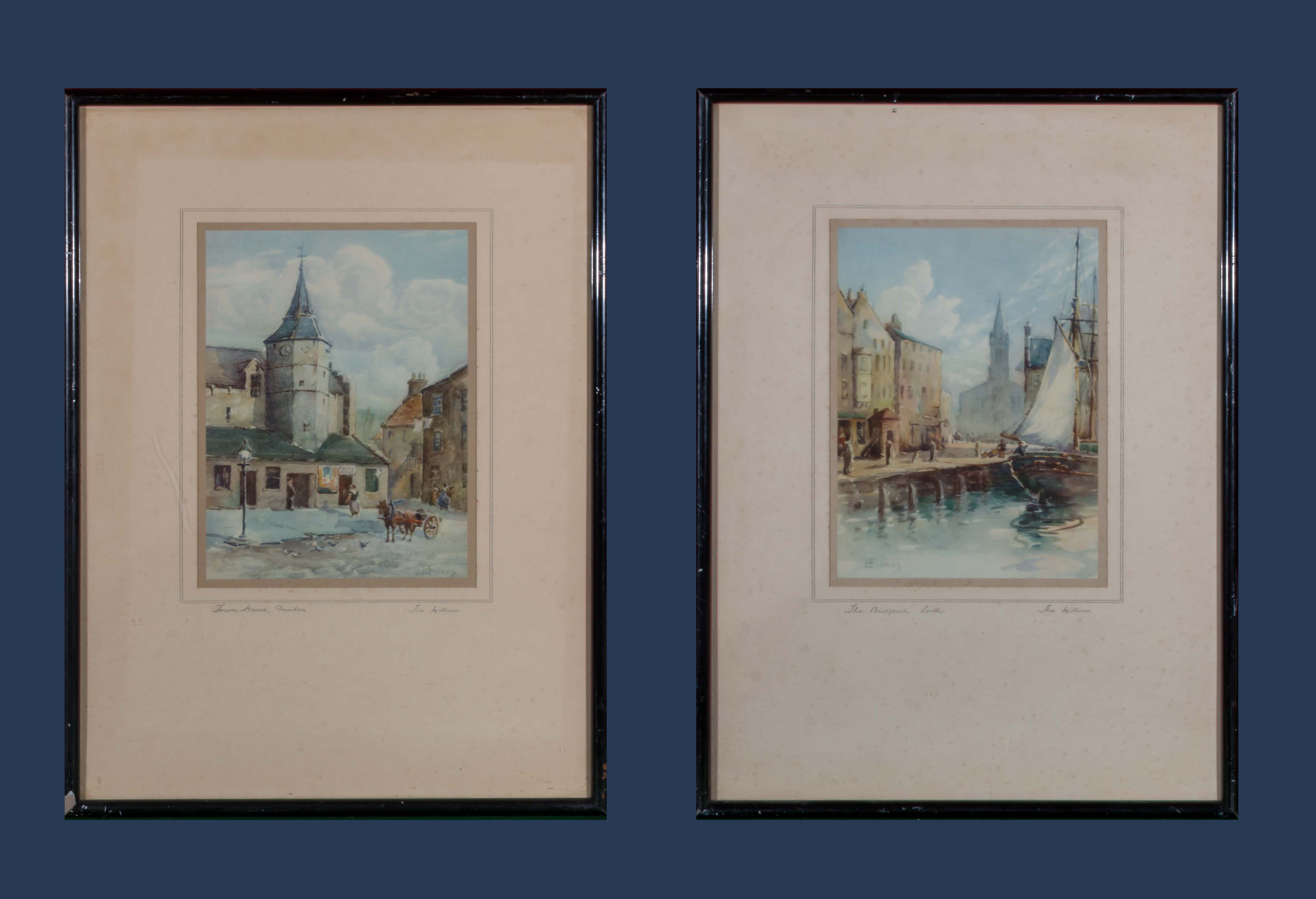 A pair of framed watercolours 'Town House Dunbar' and 'The Bridgend Leith' signed Thomas Millons