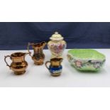 Three pieces of Maling porcelain and three lustre ware jugs
