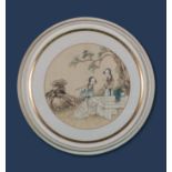 A circular framed Chinese watercolour depicting ladies playing musical instruments
