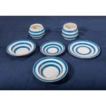 Six pieces of blue/white chefware style china