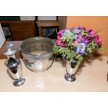 A metal jardiniere and two vases