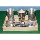 Two small pewter beakers and mixed cutlery