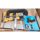 A door/board lifter, mini vice, G clamp and industrial gloves