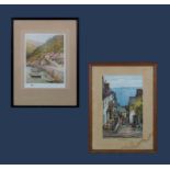 Two framed prints depicting scenes of Clovelly