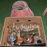 A box containing copper kettle, candelabra, light shade and others