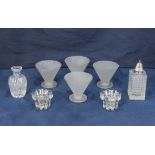 Four white glass sundae dishes and four other items