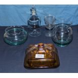 Five pieces of glass and an amber coloured lidded bowl