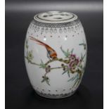 A Chinese Republic period Fakille Rose barrel shaped vase decorated with birds and foliage