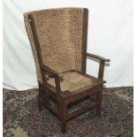 A late 19th century Scottish oak and straw Orkney chair