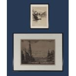 Two framed etchings 'Castle of Chillon' Peter Graham and 'Brussels Grande Place'