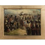 A framed oil on canvas depicting a military scene of a King inspecting the troops, attributed to E A