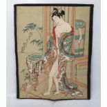 A Japanese print on cloth of a woman bathing