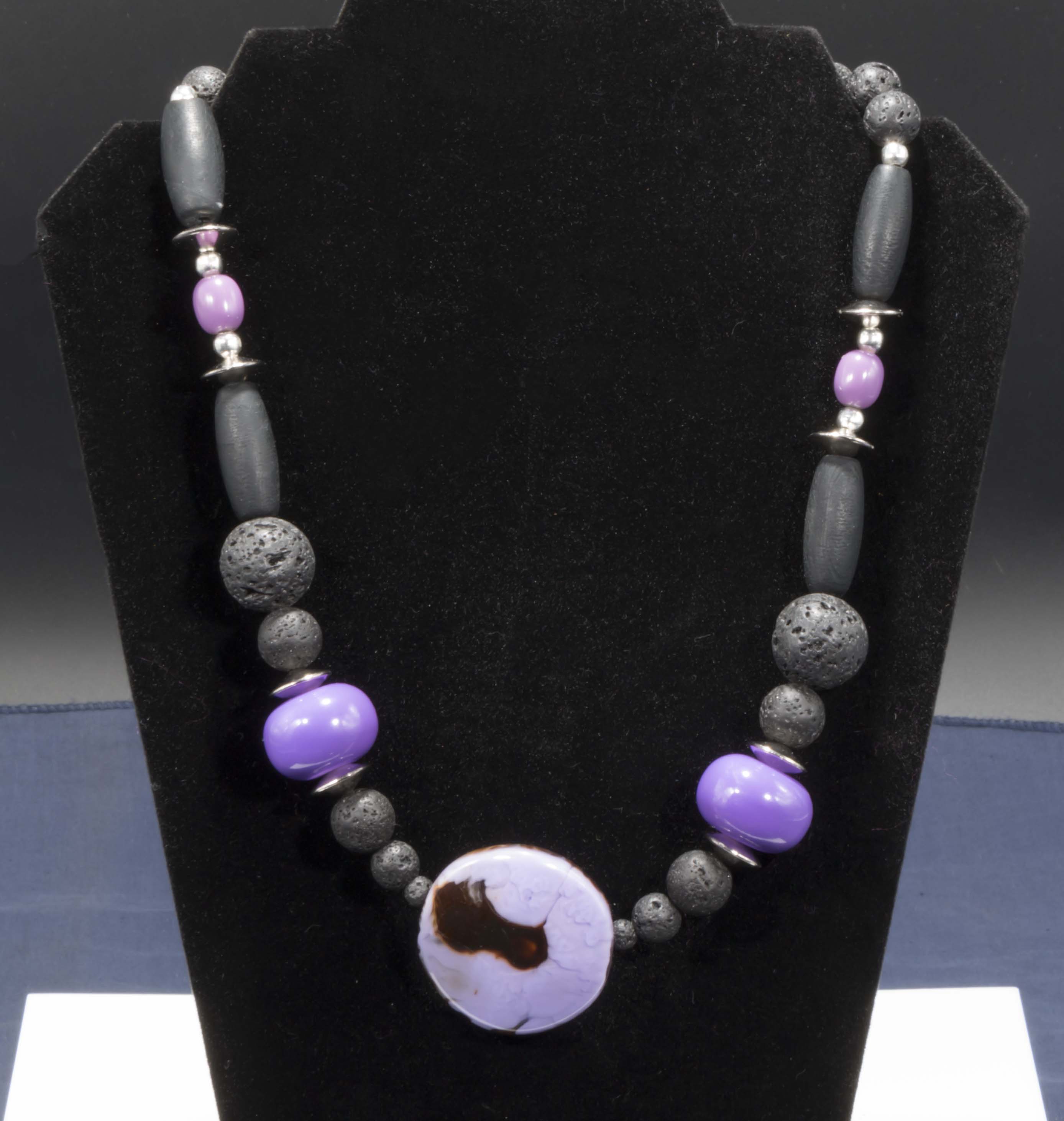 Unique designer purple necklace, lava rock, agates + resin