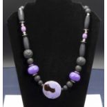 Unique designer purple necklace, lava rock, agates + resin