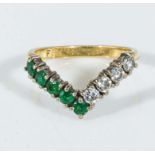 18ct yellow and white gold emerald and diamond wishbone ring, 25 point