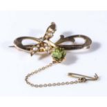 A 15ct gold peridot, pearl and diamond brooch