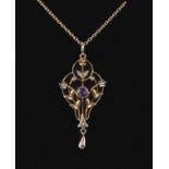 A 9ct gold amethyst and seed pearl pendant and chain