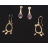 Two pairs of 9ct gold dropper earrings