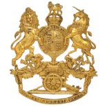 Royal Artillery OR’s helmet plate circa 1901-14.A good die-stamped brass example. Royal Arms with