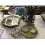 Metalware to include pedestal urns with leaf decoration, a silver plated tray and coasters, a recipe