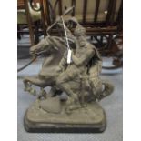 A spelter figure of a king riding his horse in a rearing fashion, on a wooden plinth A/F