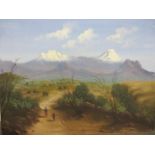 E Gutierrez - figures walking along a path in an extensive landscape, with snow capped mountains
