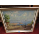 S Cawthorn - Holiday Isle, oil on canvas depicting figures looking over water