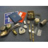 A mixed lot to include a silver pill box, an enamelled pill box, coins and costume jewellery