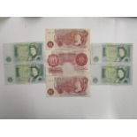 A L K O'Brien ten shilling bank note, two J S Forde ten shilling bank notes and four £1 notes