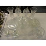 Table glassware to include a pair of pedestal storm lamps, a pair of lidded pedestal bowls, a pair