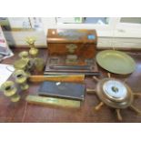 A mixed lot to include a Victorian walnut stationary and ink desk set with brass mounts, brassware