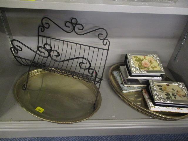 Silver plate to include metalware and gifts to comprising three trays, notepads, a magazine rack and