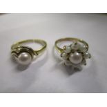 Two 9ct gold rings, one set with a single pearl, the other a pearl cluster