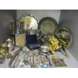 Silver plated trays, flatware and photo frames, mixed brassware, coins and costume jewellery to