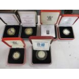 Six silver proof coins to include a 1998 silver proof Piedfort £2 coin and a 1999 Rugby World Cup