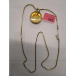 A ladies 9ct gold pocket watch on a 9ct gold chain