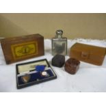 An inlaid mahogany collection box, a silver hip flask, two silver medals to include a 1937