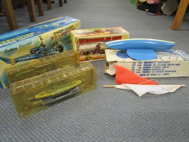 Toys to include a Marx battery operated Chop Chop Helicopter, a Comansie boxed Diligencia Wells