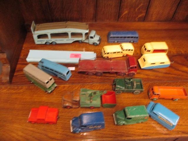 A Dinky toys delivery service, die cast car transporter, buses, vans and other vehicles, 15