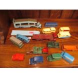 A Dinky toys delivery service, die cast car transporter, buses, vans and other vehicles, 15