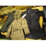 Clothing to include two gentleman's pinstripe suits, a girls coat and a leather jacket