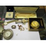 Jewellery to include a Victorian white metal locket, a boxed Wedgwood pin, wristwatches, a 9ct