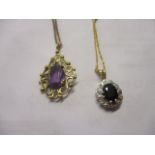 A 9ct gold amethyst pendant and chain, together with a 9ct diamond and sapphire necklace